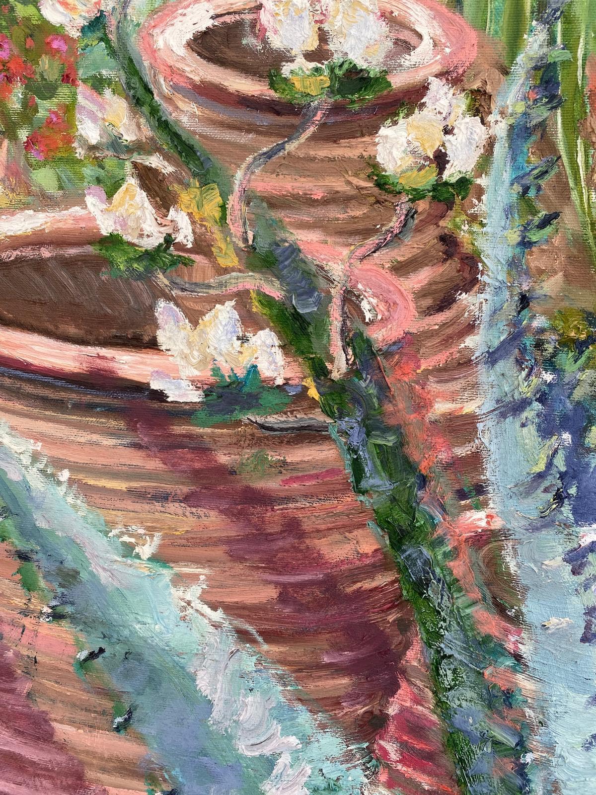 Detail aus dem Glashaus: Tontöpfe mit weissen Blüten