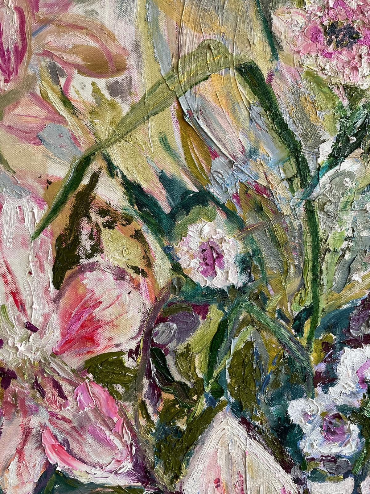 Detail: Blätter und Blüten in dick aufgetragener Ölfarbe